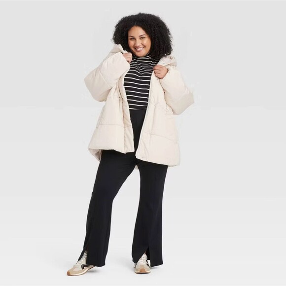 Ava & Viv Women’s 2X Puffer Jacket Taupe Hooded Mid-Length Zip Snap Winter Coat - Picture 3 of 12